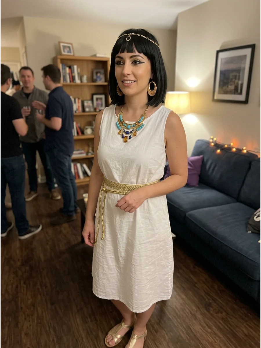 Last-Minute White-Dress Cleopatra Costume. Transform a plain white dress with a gold belt, costume jewelry, and strong winged eyeliner. Add a black bob wig or forehead chain to mak