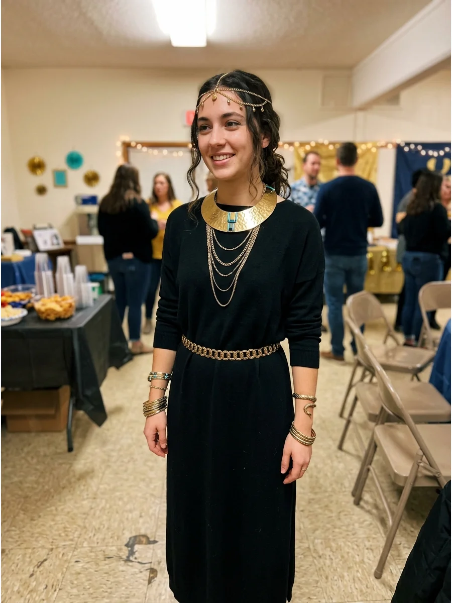 Last-Minute Black-Dress Cleopatra Costume. Use a long black dress already in your closet and layer on gold necklaces, bracelets, and a metallic belt. A handmade collar and simple h