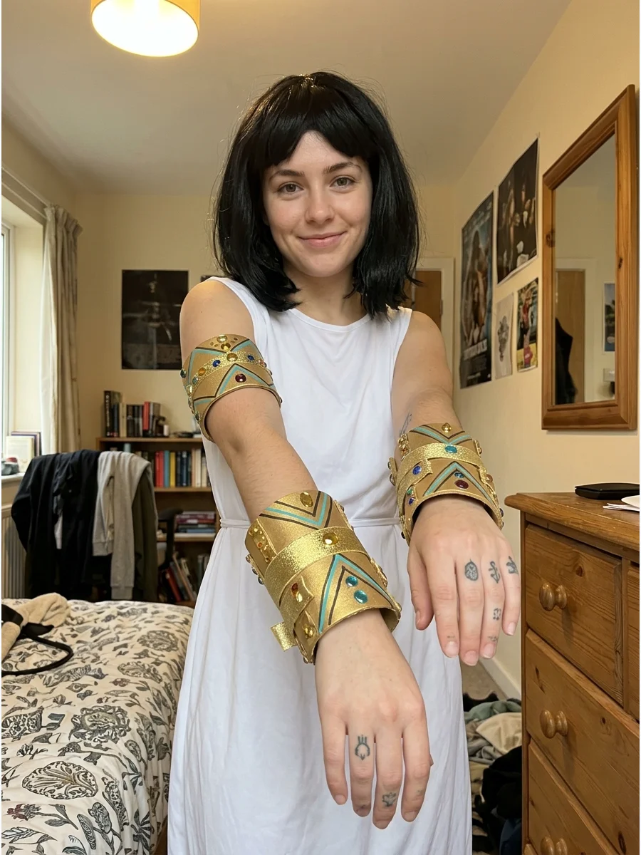 DIY Gold Cuff Cleopatra Costume. Create wrist and upper-arm cuffs using gold craft foam, metallic cardstock, or wide ribbon. Add geometric lines and small imitation stones for extr