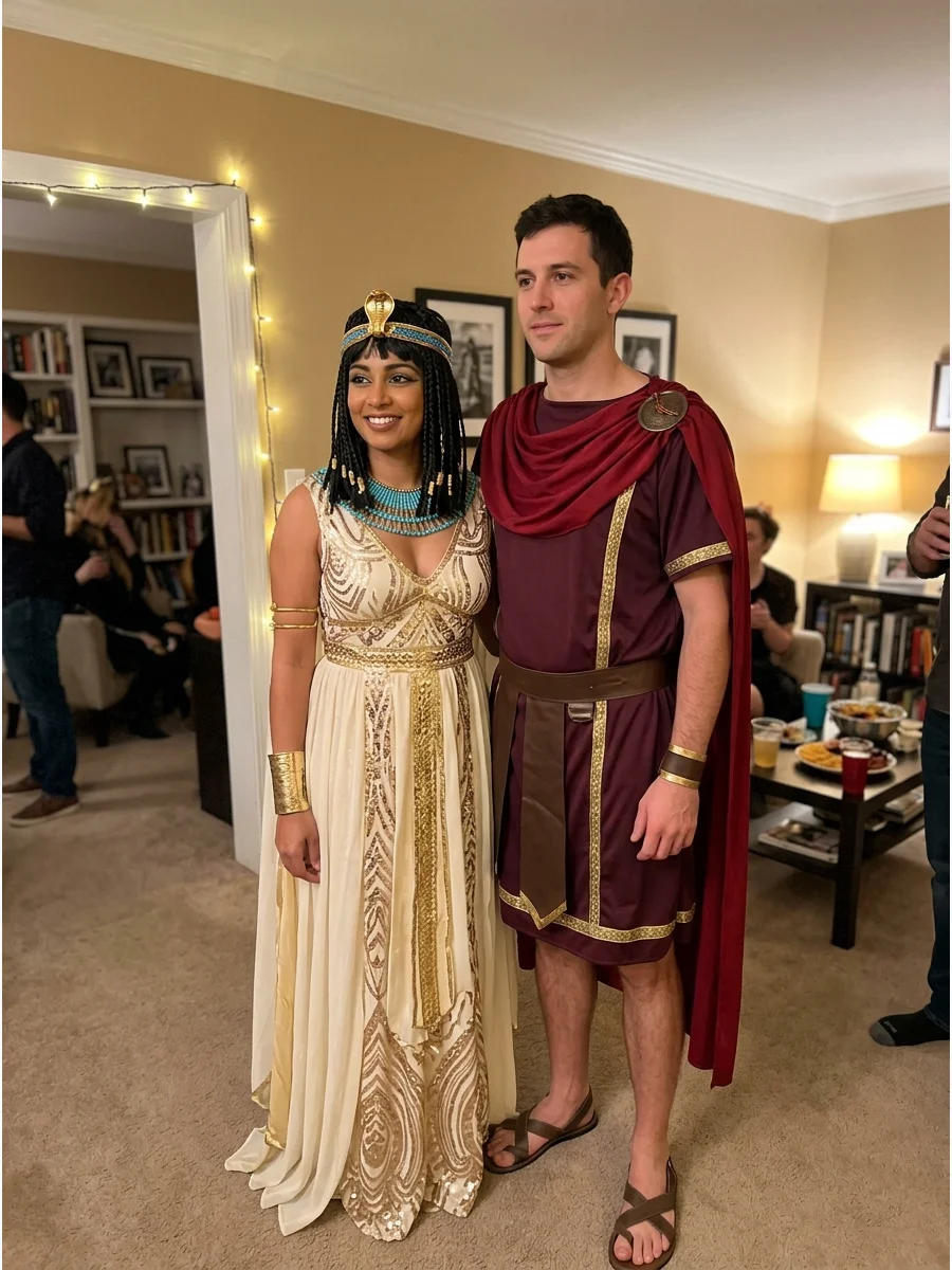 Cleopatra and Mark Antony Couples Costume. Dress one person as Cleopatra in a royal gown and the other in a Roman-inspired tunic with a red cape. Coordinate both costumes with gold