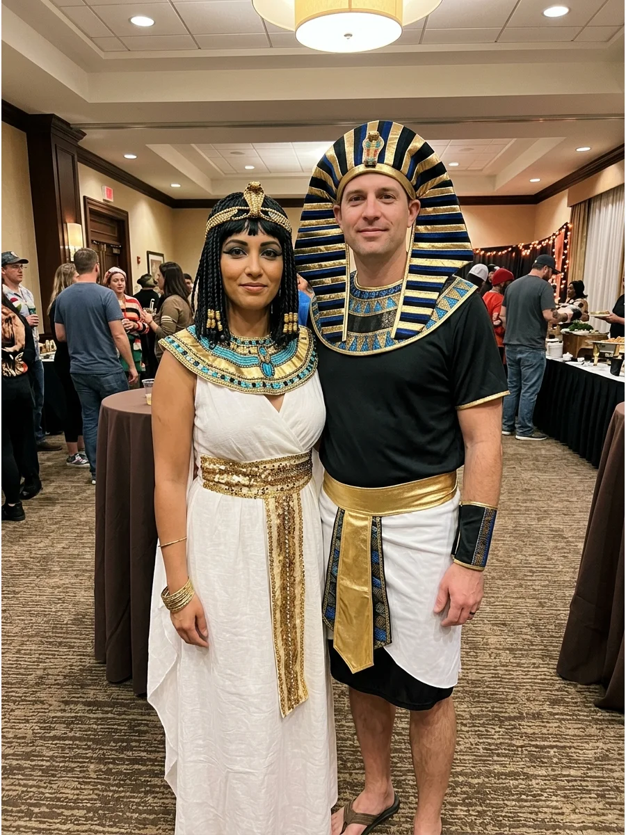 Cleopatra and Pharaoh Couples Costume. Pair a Cleopatra gown with a coordinating pharaoh outfit in black, gold, blue, and white. Matching collars and headpieces help the two costum