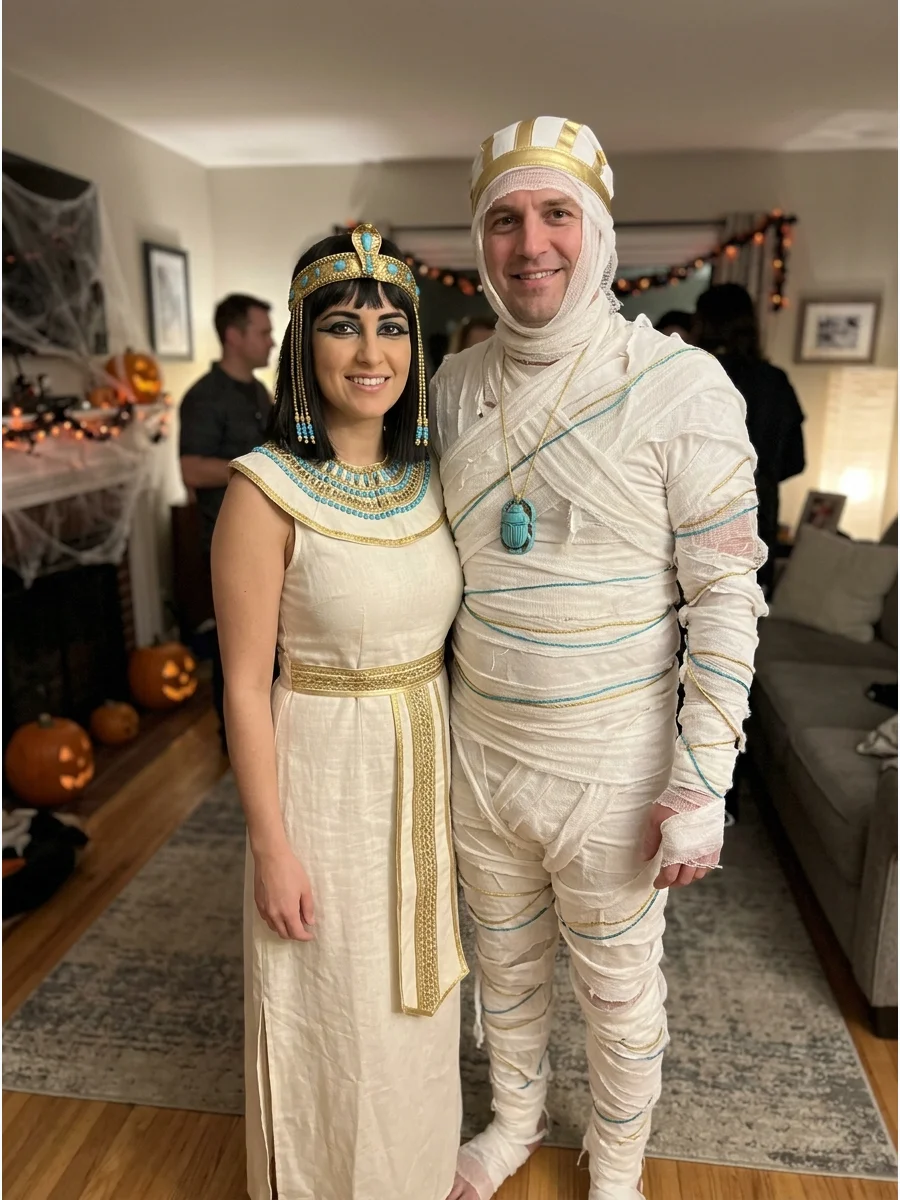 Cleopatra and Mummy Couples Costume. Combine an elegant Cleopatra outfit with a classic mummy costume for a playful Halloween pairing. Repeat a small amount of gold or turquoise in