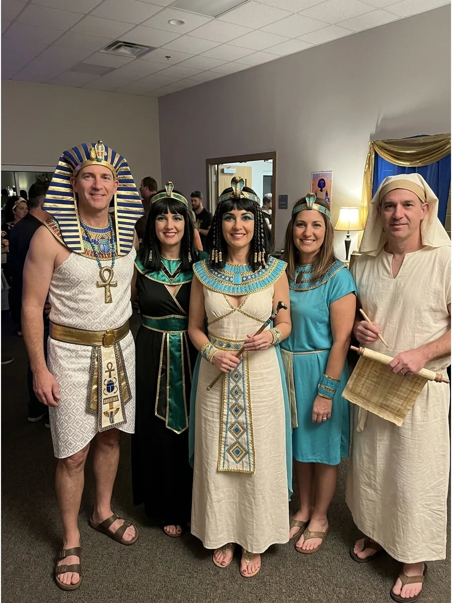 Egyptian Royal Court Group Costume. Create a group costume featuring Cleopatra, a pharaoh, royal attendants, scribes, and Egyptian-inspired deities. Choose one shared color palette