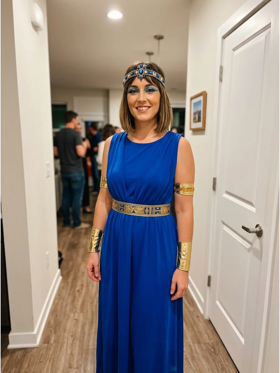 Royal Blue Cleopatra Costume. Wear a royal-blue maxi dress with a gold belt and matching gold arm cuffs. Finish the outfit with blue-and-gold eye makeup and a jeweled headband. Cle