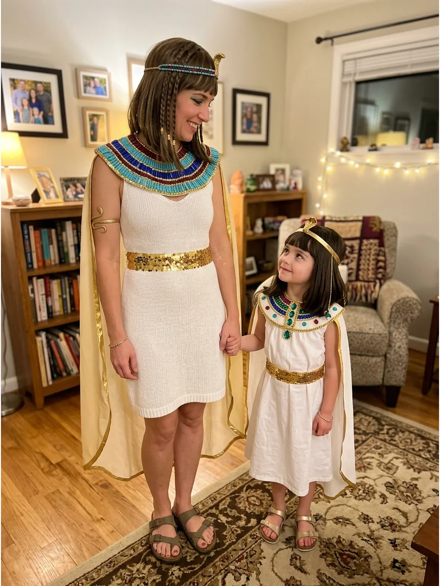 Mother-and-Daughter Cleopatra Costumes. Create matching Cleopatra costumes using similar white dresses, gold belts, colorful collars, and comfortable capes. Vary the crowns or jewe