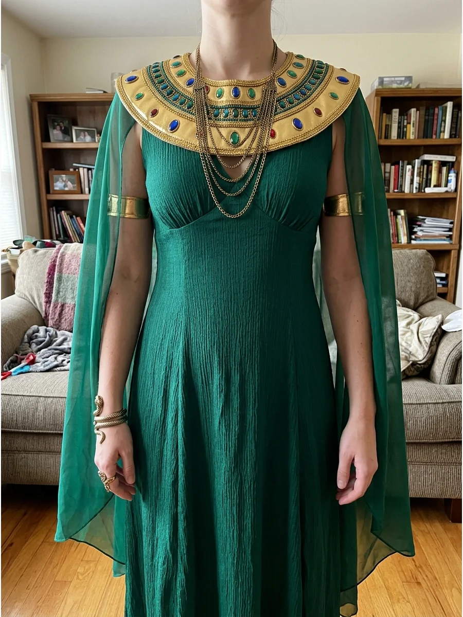 Emerald Green Cleopatra Costume. An emerald-green gown gives the traditional Cleopatra costume a rich, luxurious update. Pair it with antique-gold jewelry, a wide collar, and a flo