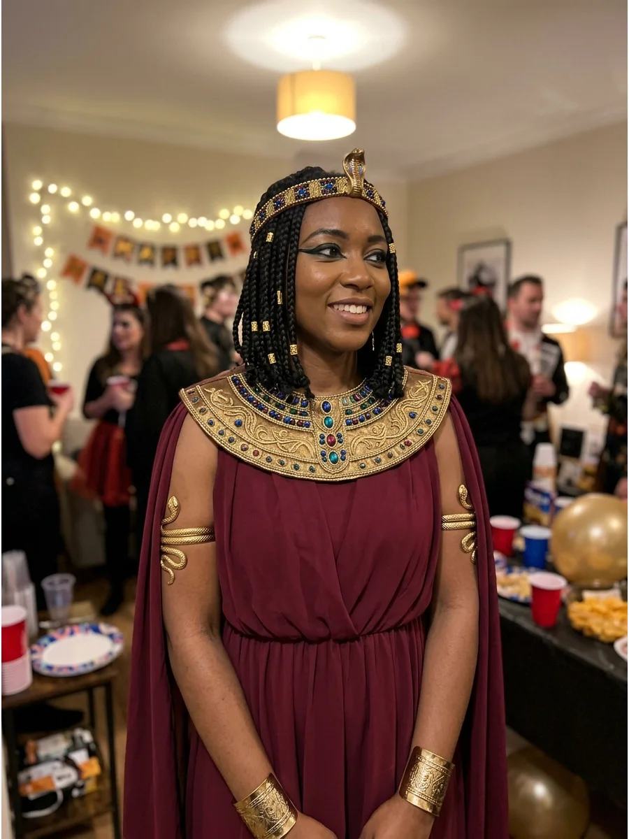 Burgundy Cleopatra Costume. Create an elegant jewel-tone version with a deep burgundy dress and warm gold accessories. A matching burgundy cape can make the outfit feel even more t