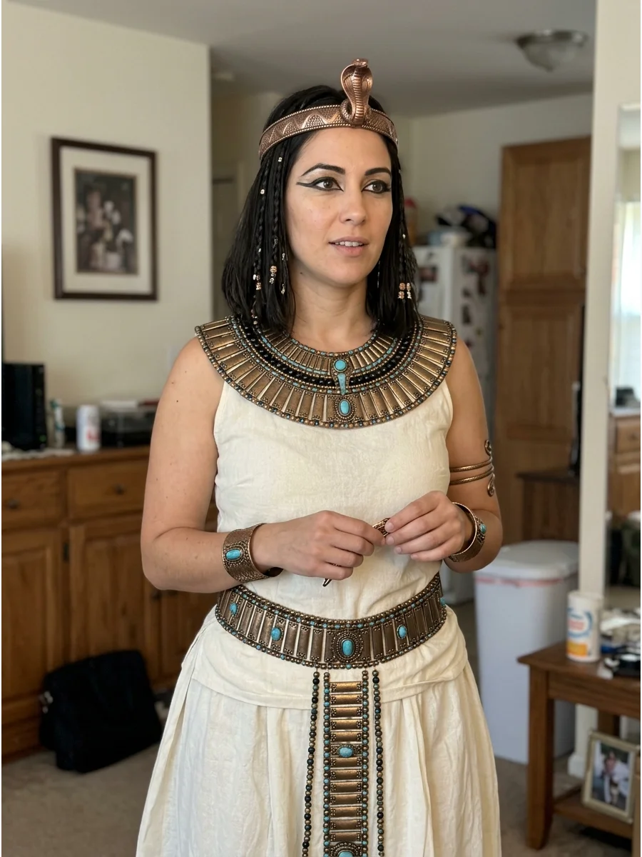 Ivory and Bronze Cleopatra Costume. Replace bright white and yellow gold with ivory fabric and bronze-colored accessories. This softer color palette creates an aged, historically i