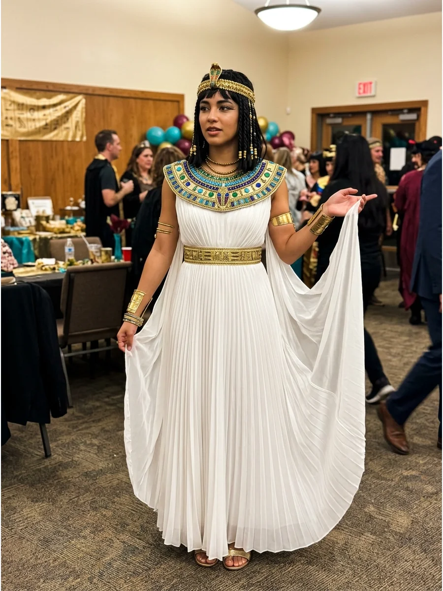 White Pleated Cleopatra Gown. Choose a floor-length white dress with narrow pleats to create graceful movement. Add a gold waistband, decorative collar, and fabric panels that drap
