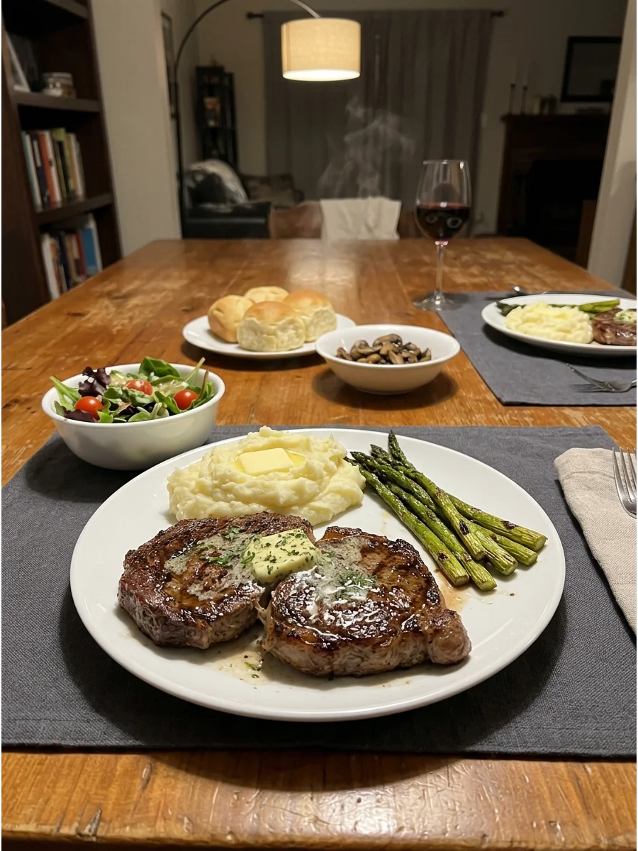 Steakhouse Dinner for Two. Pan-sear two steaks and finish them with garlic-herb butter. Serve them with creamy mashed potatoes, roasted asparagus, and a simple green salad. Let the