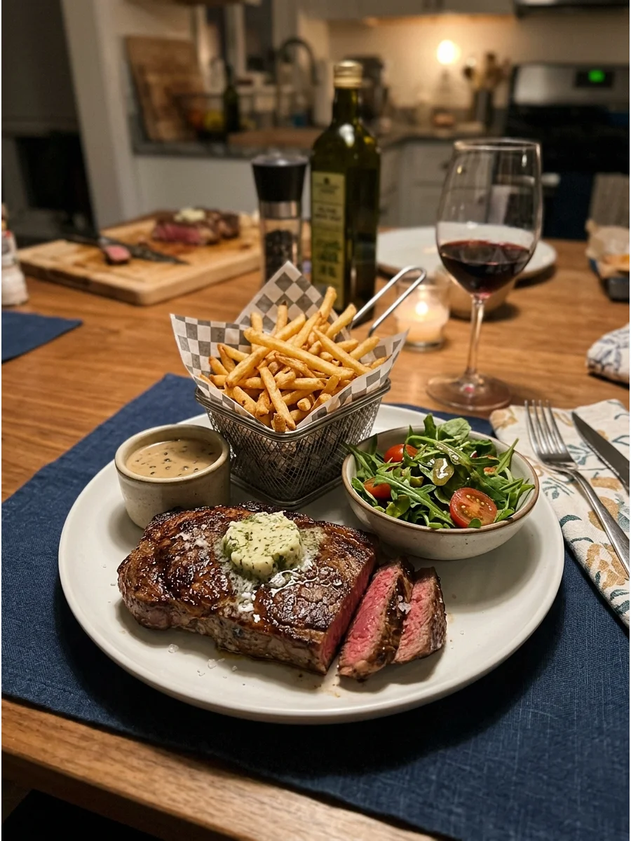 Steak Frites at Home. Pair a seared steak with thin, crispy fries and a spoonful of garlic-herb butter. Add a lightly dressed salad to create a French bistro-inspired meal. Serve t