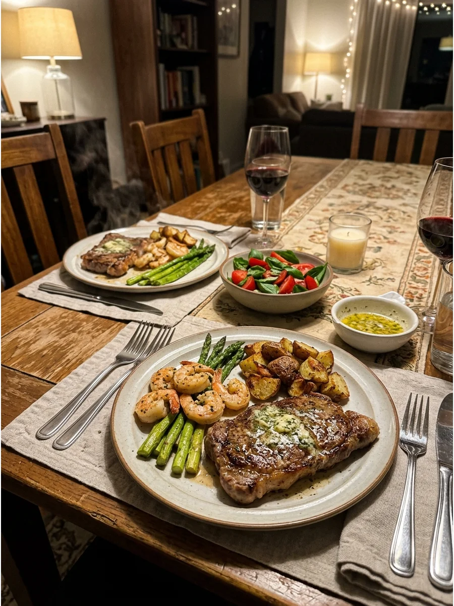 Surf-and-Turf Dinner for Two. Serve small steaks with garlic butter shrimp for a classic surf-and-turf meal. Add roasted potatoes, asparagus, or green beans on the side. Using smal