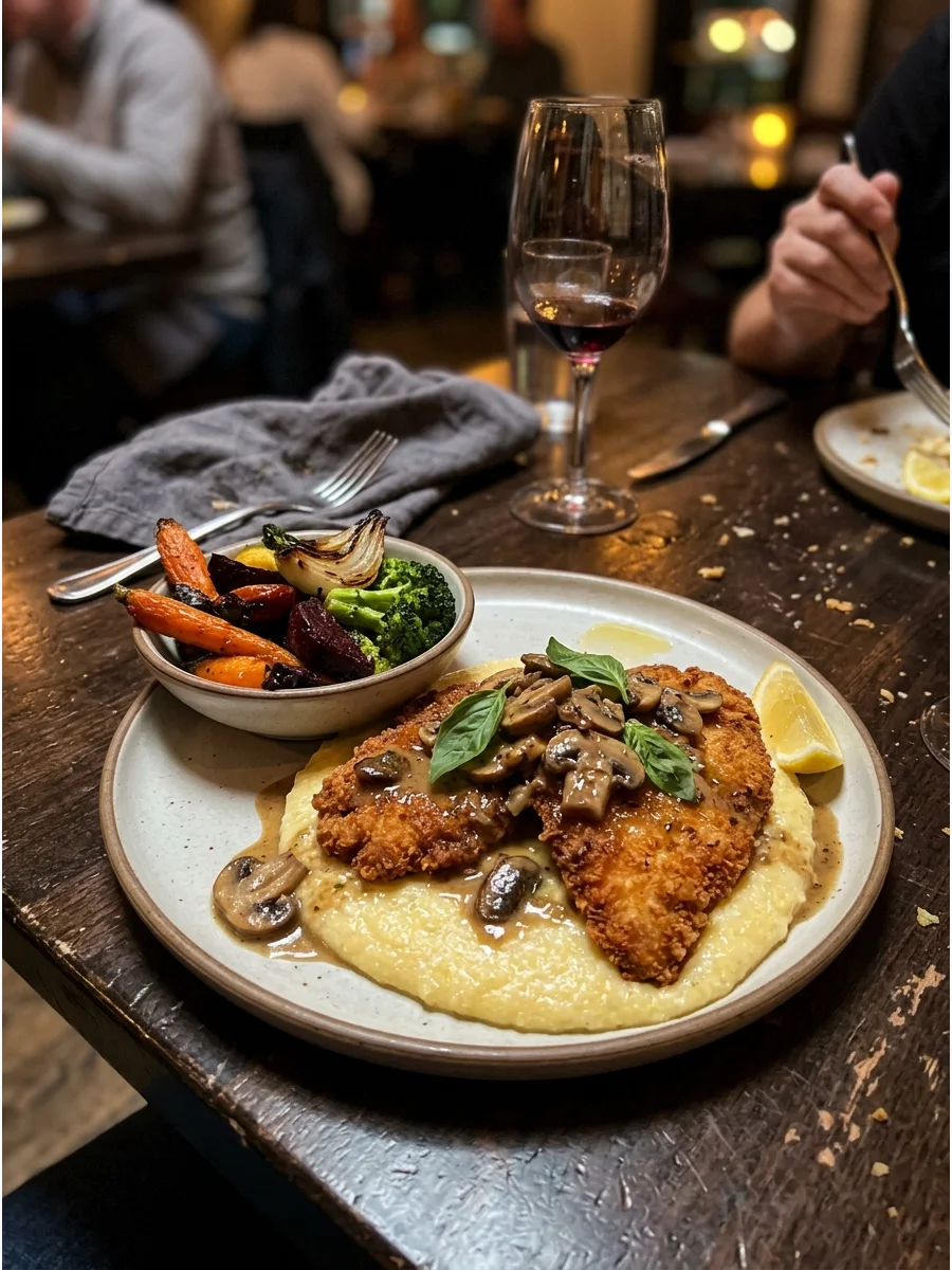 Crispy Chicken With Creamy Polenta. Serve golden chicken cutlets over soft Parmesan polenta. Finish the dish with mushroom sauce, tomato sauce, or lemon butter. The contrast betwee