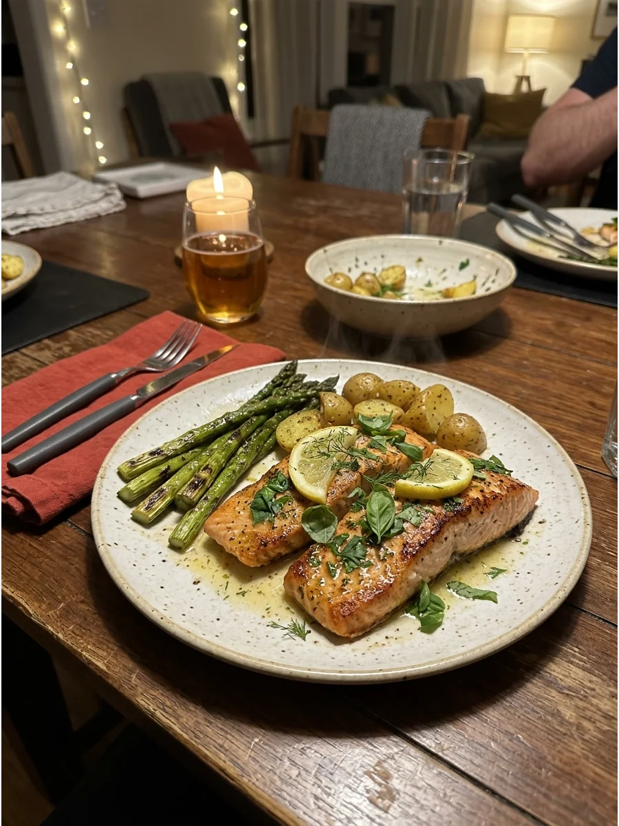 Lemon Butter Salmon and Asparagus. Bake or pan-sear salmon fillets with butter, lemon, garlic, and fresh herbs. Serve them with roasted asparagus and seasoned baby potatoes. Keep t