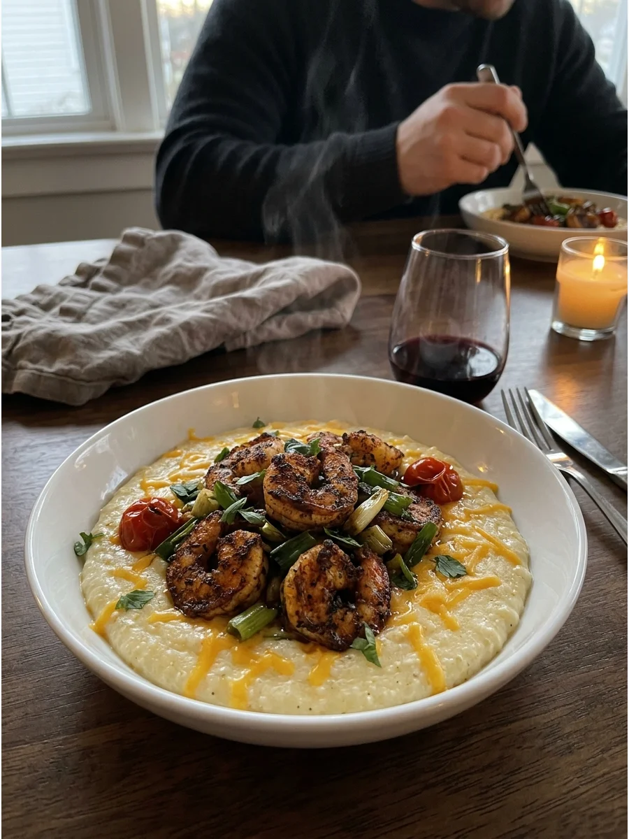 Blackened Shrimp and Cheesy Grits. Season shrimp with paprika, garlic, herbs, and a little cayenne before cooking them in a hot skillet. Spoon the shrimp over smooth, cheesy grits.