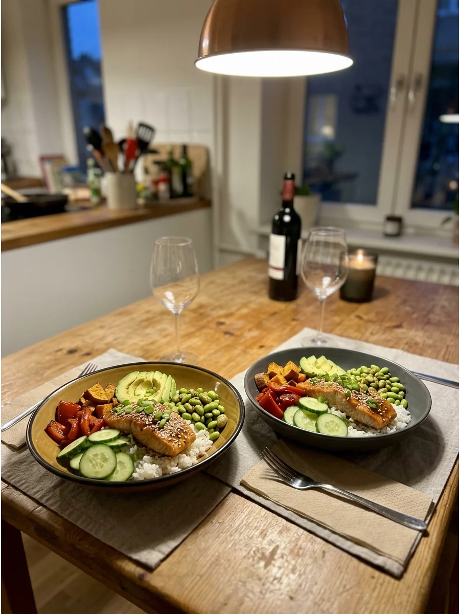Miso Butter Salmon Bowls. Glaze salmon with a mixture of miso, butter, soy sauce, and honey. Serve it over rice with cucumber, avocado, edamame, and roasted vegetables. Arrange eac