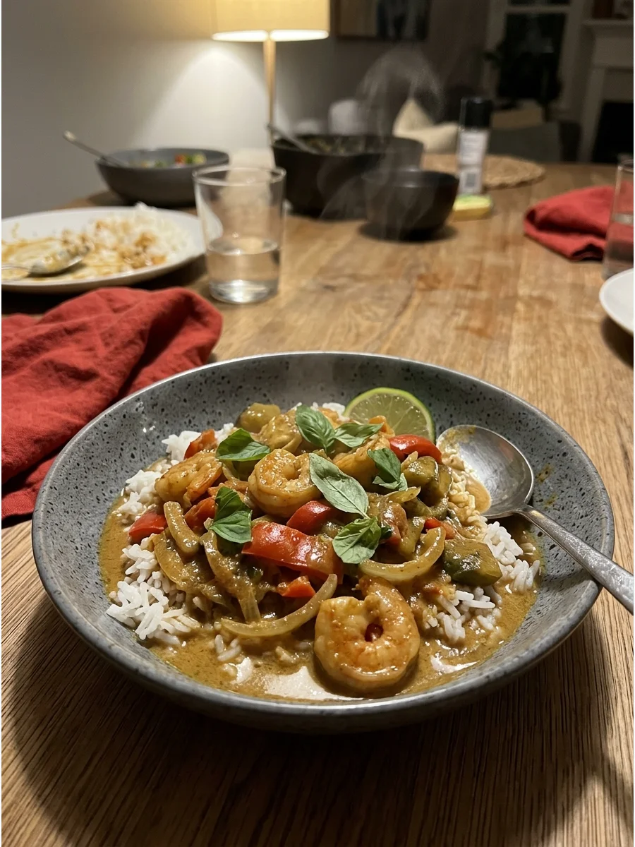 Coconut Curry Shrimp. Simmer shrimp in a fragrant sauce made with coconut milk, curry, garlic, ginger, and vegetables. Serve the curry over jasmine rice. Adjust the spice level so