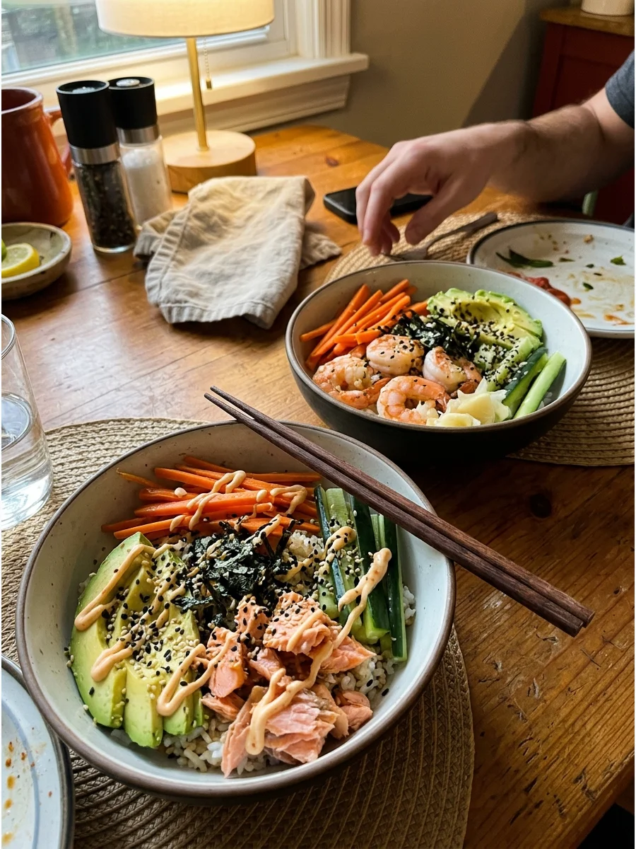Sushi-Inspired Rice Bowls. Fill bowls with seasoned rice, cooked shrimp or salmon, cucumber, avocado, carrots, and spicy mayonnaise. Add seaweed pieces, sesame seeds, or pickled gi