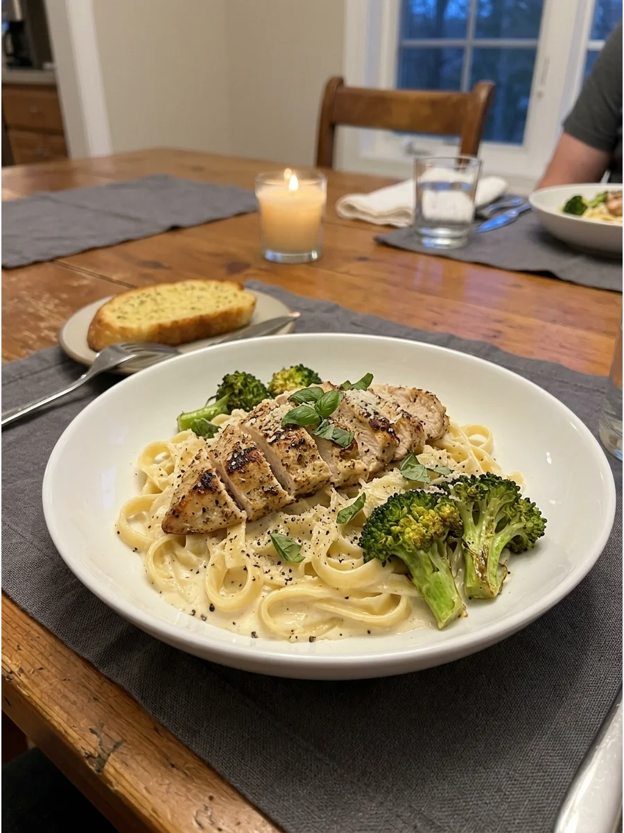 Chicken Alfredo With Broccoli. Serve sliced grilled or pan-seared chicken over fettuccine coated in creamy Alfredo sauce. Add roasted or steamed broccoli to balance the richness. F