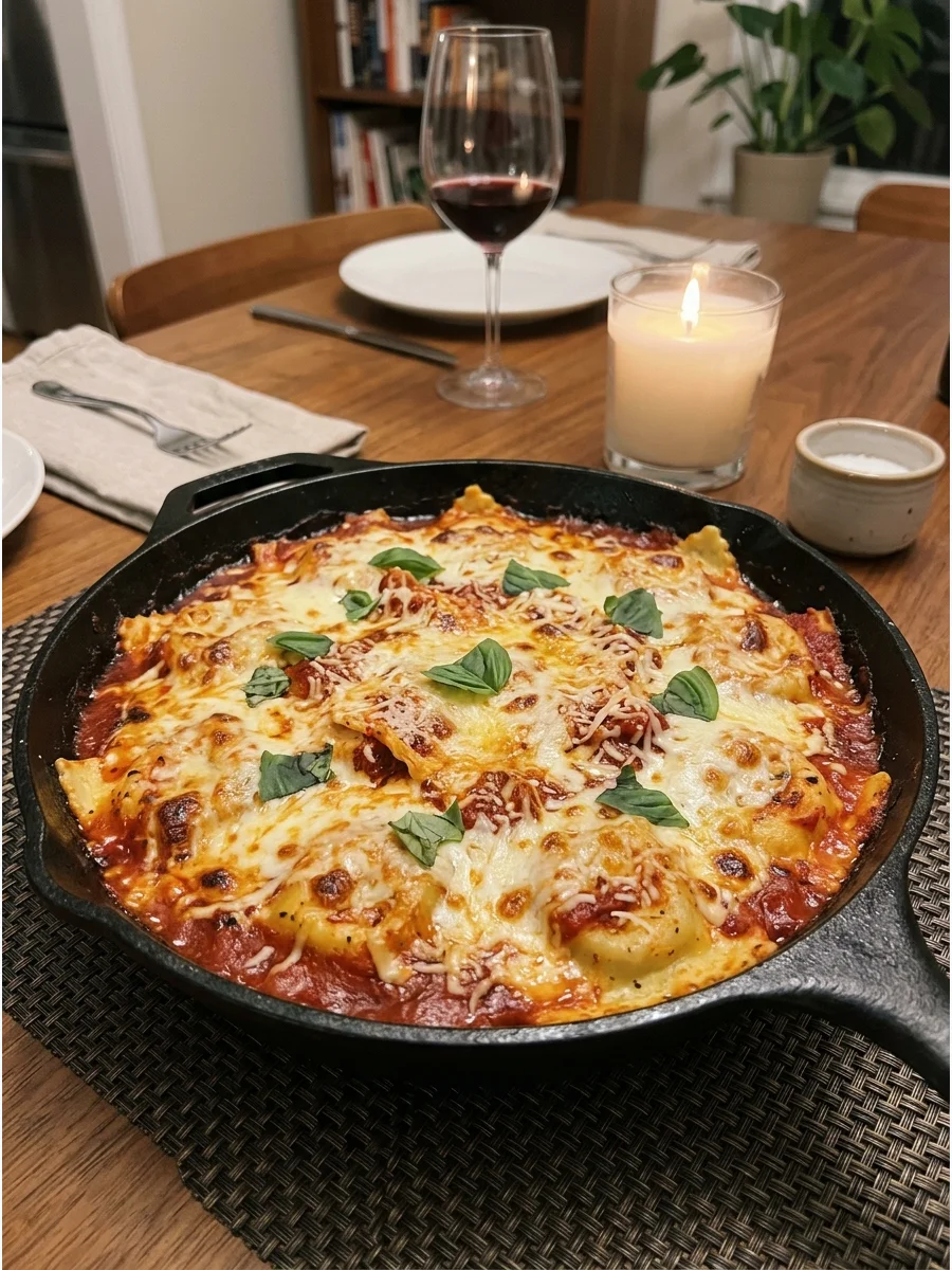 One-Pan Ravioli Lasagna. Layer refrigerated cheese ravioli with marinara sauce, mozzarella, and Parmesan in an oven-safe skillet. Bake until the cheese is melted and the sauce is b