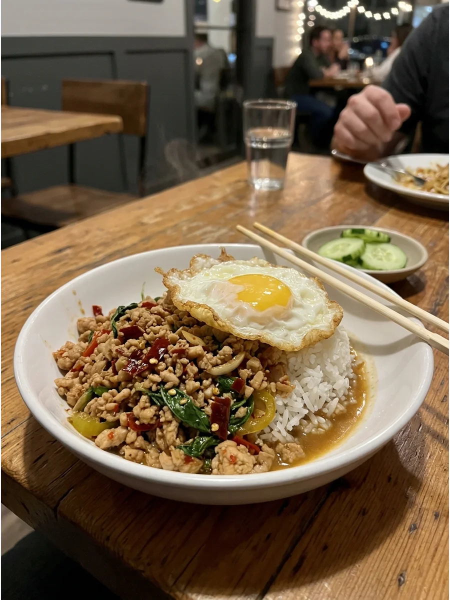 Spicy Thai Basil Chicken. Cook ground or sliced chicken with garlic, peppers, basil, and a savory sauce. Serve it over steamed rice with a crispy fried egg. You can adjust the amou