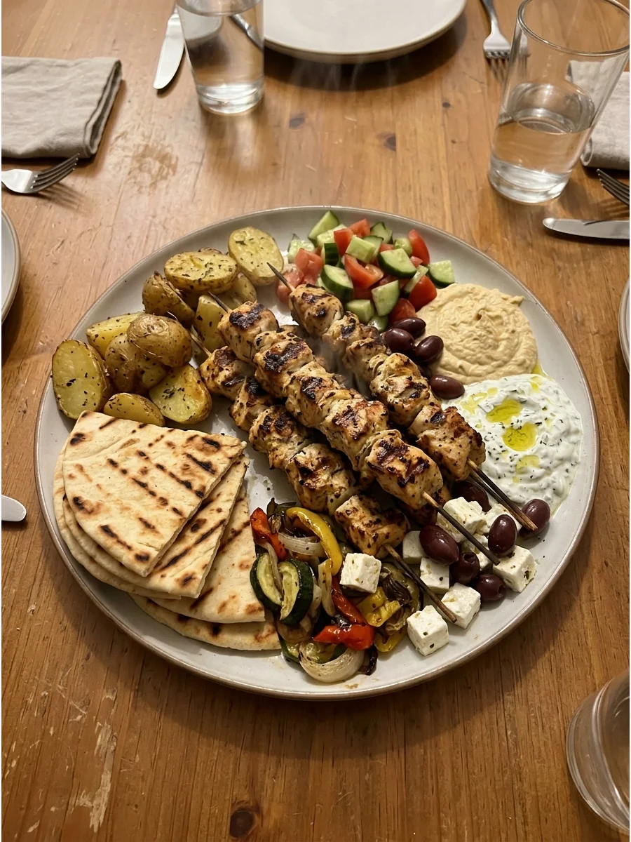 Greek Chicken Souvlaki Platter. Serve grilled chicken skewers with warm pita bread, roasted potatoes, cucumber salad, hummus, and tzatziki. Arrange everything on one large platter