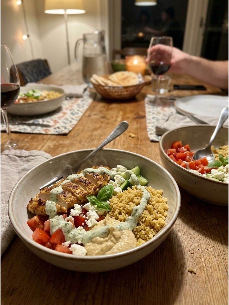 Mediterranean Chicken Bowls. Fill bowls with seasoned chicken, couscous or rice, tomatoes, cucumber, feta, hummus, and creamy herb sauce. Each person can choose the toppings they p