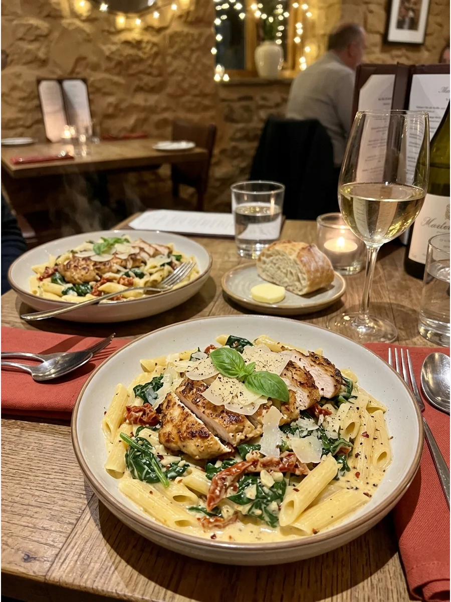 Creamy Tuscan Chicken Pasta. Combine sliced chicken, pasta, spinach, sun-dried tomatoes, garlic, and creamy Parmesan sauce. The colorful ingredients make the finished dish look esp