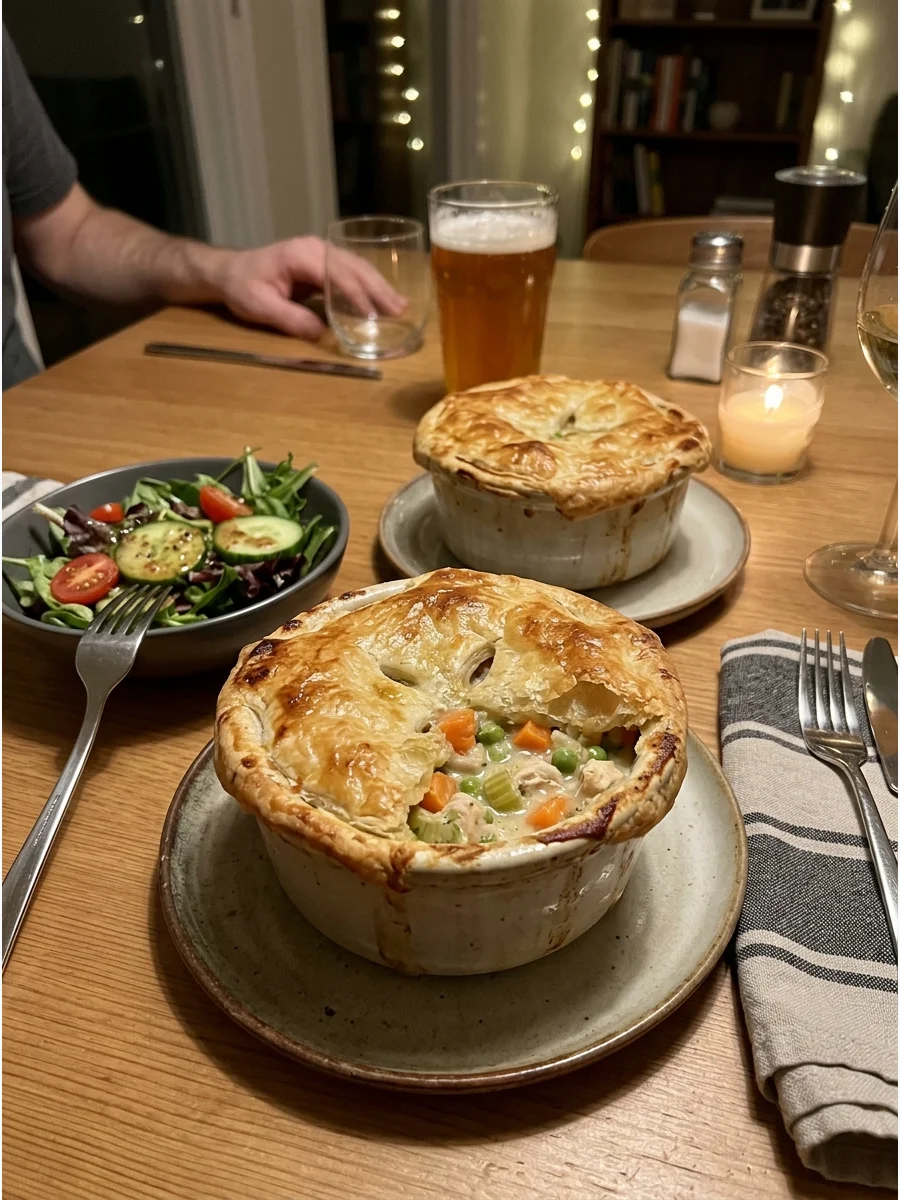Cozy Chicken Pot Pie for Two. Fill two individual ramekins with creamy chicken, vegetables, and savory sauce. Cover each one with puff pastry and bake until golden. Individual serv