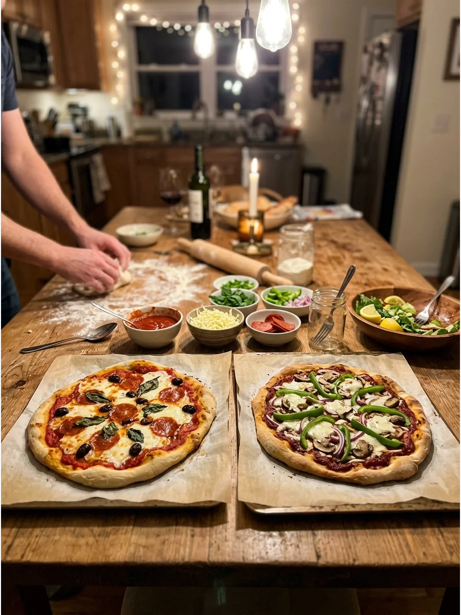 Homemade Pizza Night. Prepare pizza dough and arrange several sauces, cheeses, vegetables, and proteins. Make one pizza to share or create two smaller pizzas with different topping