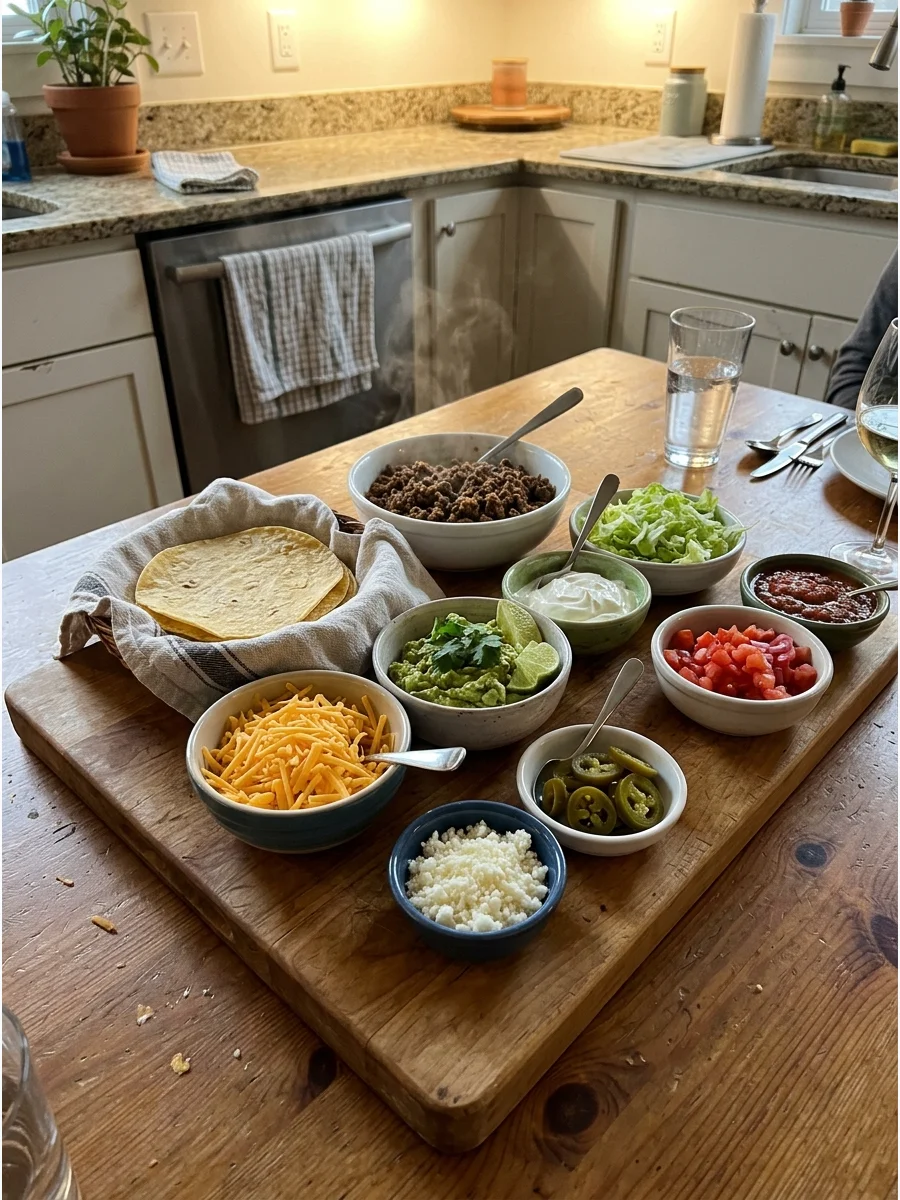 Build-Your-Own Taco Board. Arrange warm tortillas, seasoned chicken or beef, shredded cheese, salsa, avocado, lettuce, and other toppings on a large board. Let each person build th