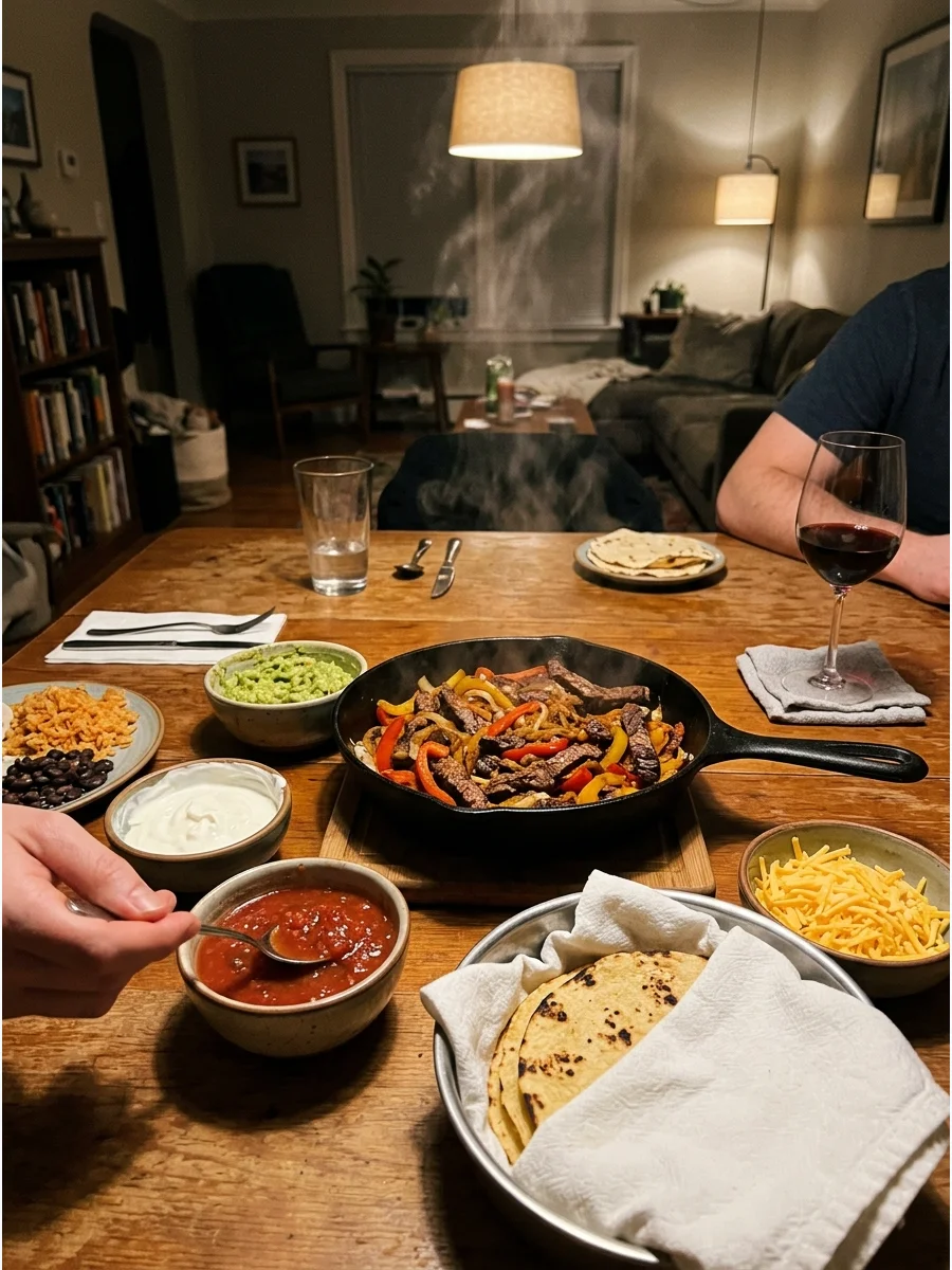 Sizzling Steak Fajitas. Cook strips of steak with onions, bell peppers, and fajita seasoning in a hot skillet. Bring the skillet to the table with warm tortillas and toppings. Serv
