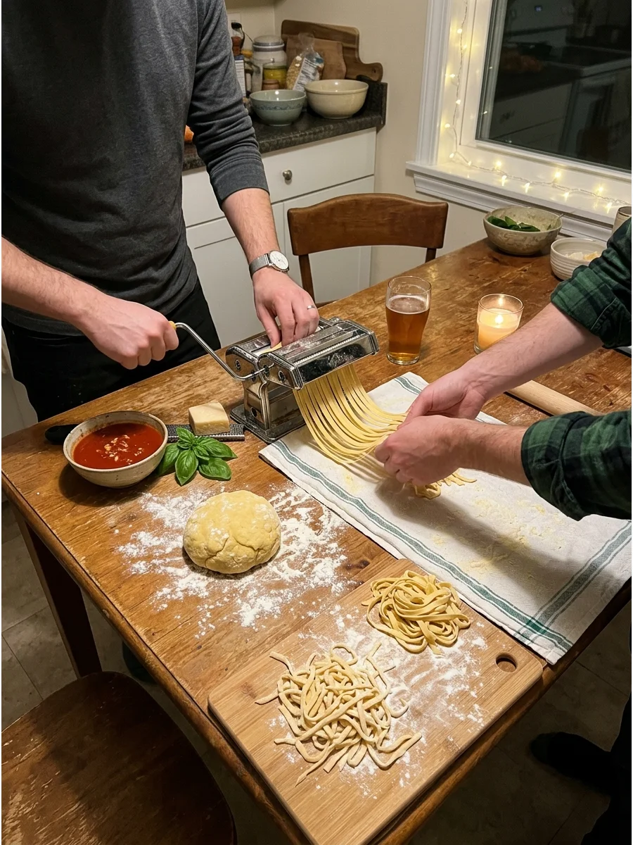 Make-Your-Own Pasta Night. Prepare fresh pasta dough together and shape it into fettuccine, ravioli, or hand-cut noodles. Keep the sauce simple so the cooking activity remains enjo