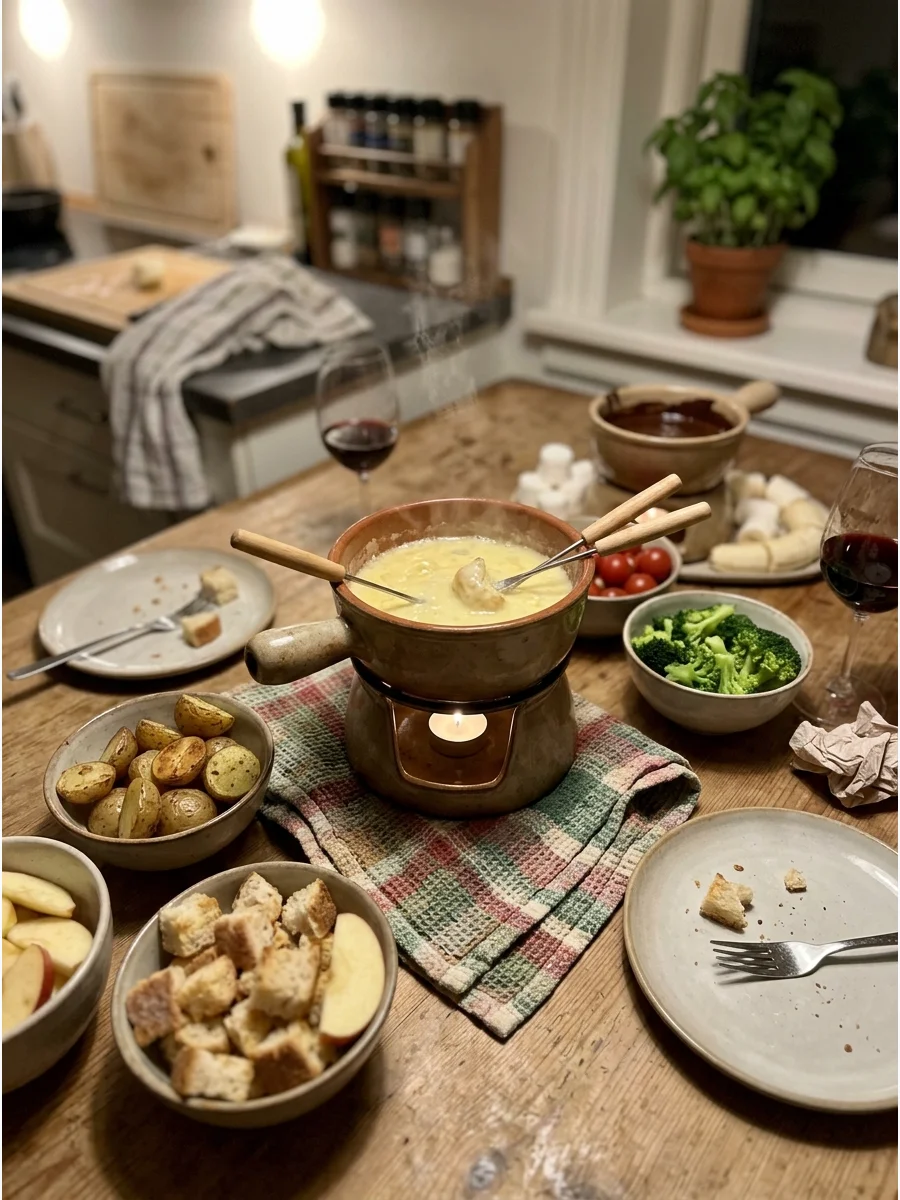 Cheese Fondue Dinner. Prepare warm cheese fondue and arrange bread cubes, apples, roasted potatoes, broccoli, and other vegetables for dipping. Place everything in the center of th
