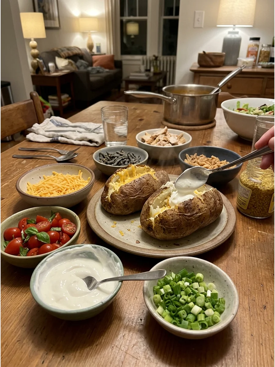 Loaded Baked Potato Bar. Bake two large potatoes and arrange toppings such as cheese, chicken, broccoli, green onions, sour cream, and crispy onions. Let each person create their o