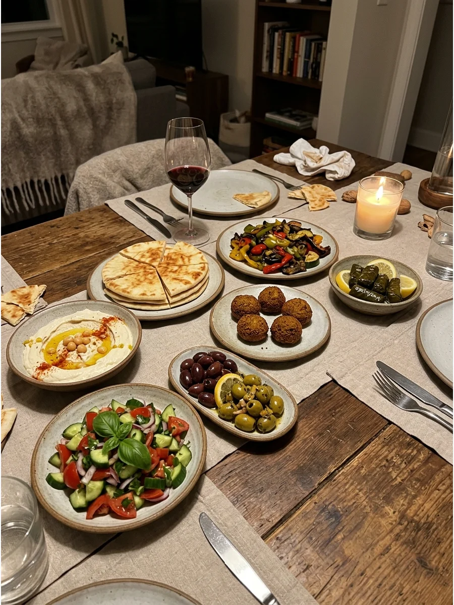 Mediterranean Mezze Dinner. Create a sharing spread with hummus, warm pita, falafel, olives, cucumber salad, roasted vegetables, and stuffed grape leaves. Arrange the food on sever