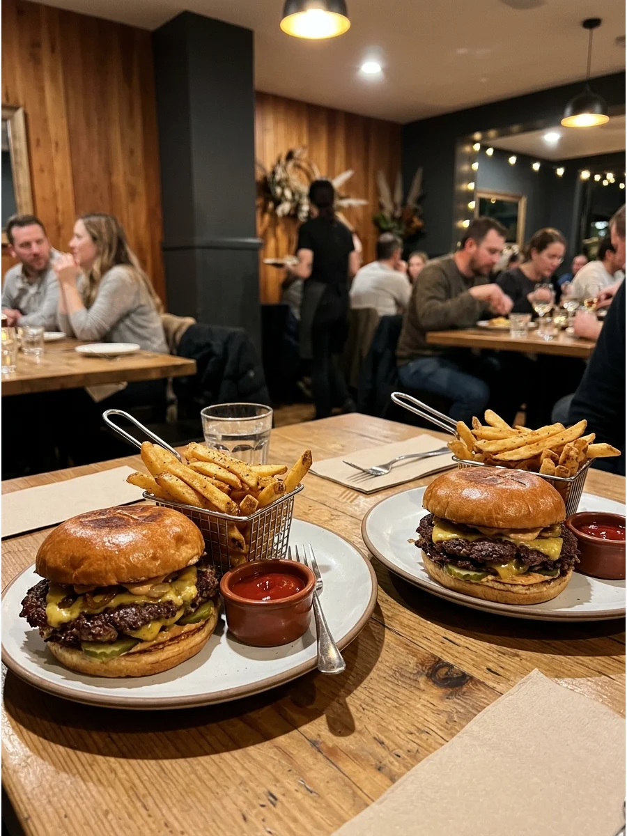 Smash Burgers and Homemade Fries. Cook thin burger patties in a hot skillet until they develop crispy edges. Add cheese, caramelized onions, pickles, and homemade burger sauce. Ser