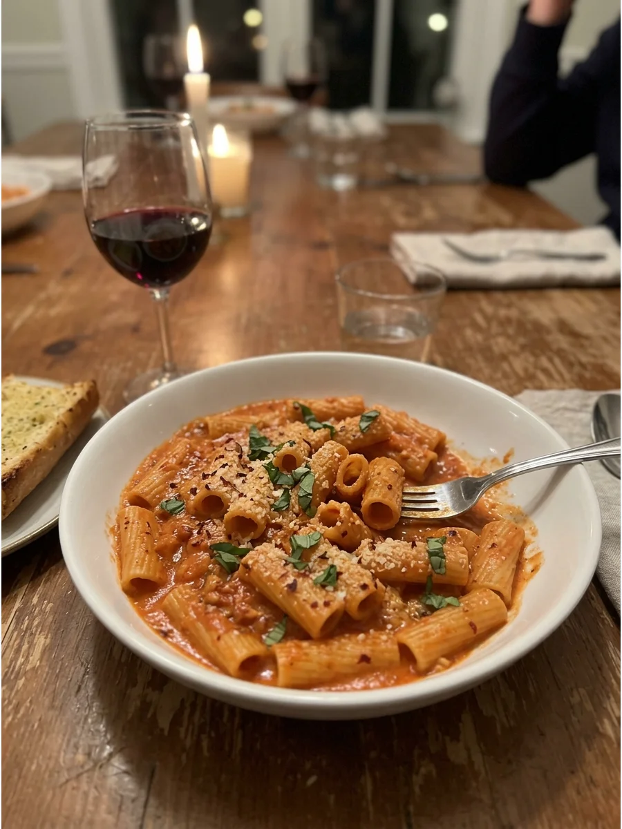 Spicy Vodka Rigatoni. Prepare rigatoni in a smooth tomato cream sauce flavored with garlic, Parmesan, and crushed red pepper. The sauce should be rich, slightly tangy, and gently s