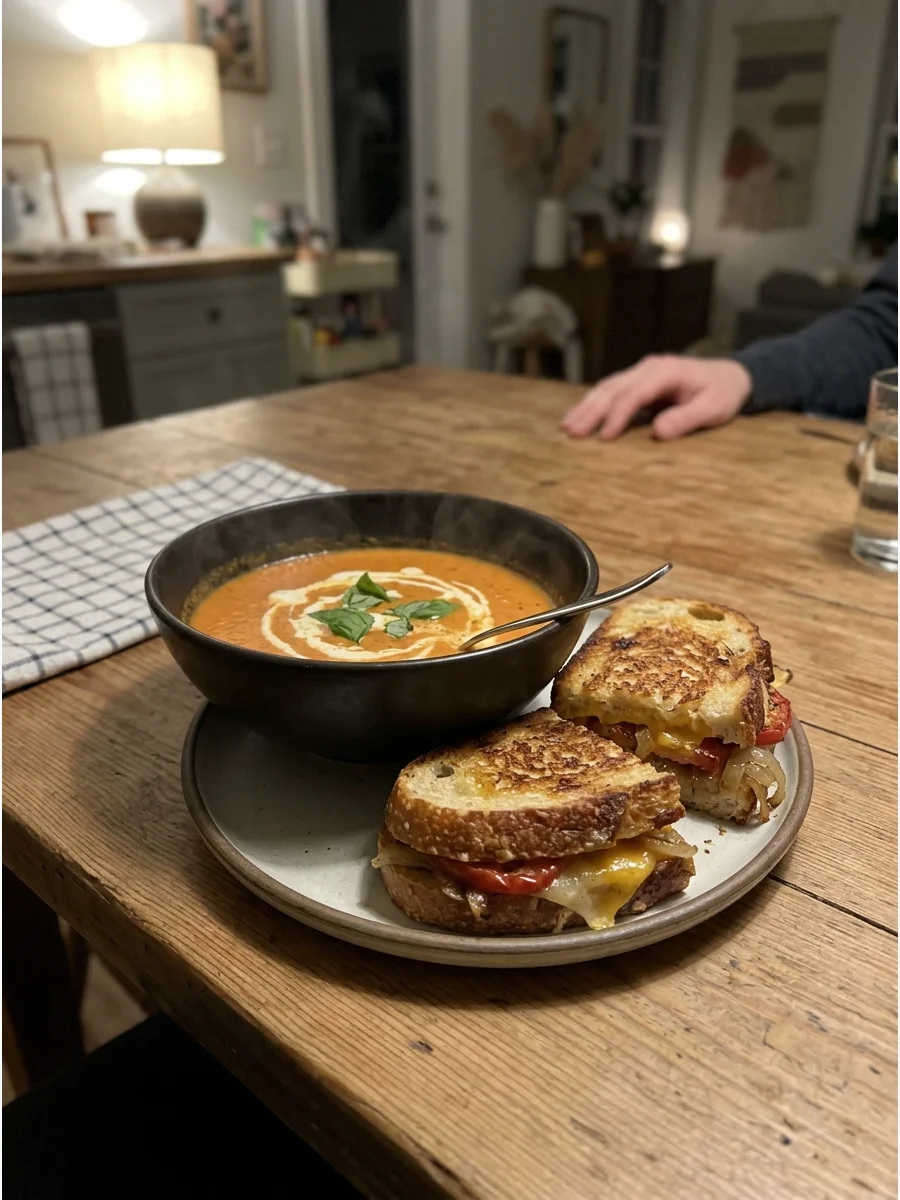 Gourmet Grilled Cheese and Tomato Soup. Upgrade grilled cheese with sourdough bread, multiple cheeses, caramelized onions, or roasted tomatoes. Serve it with creamy tomato soup. Cu