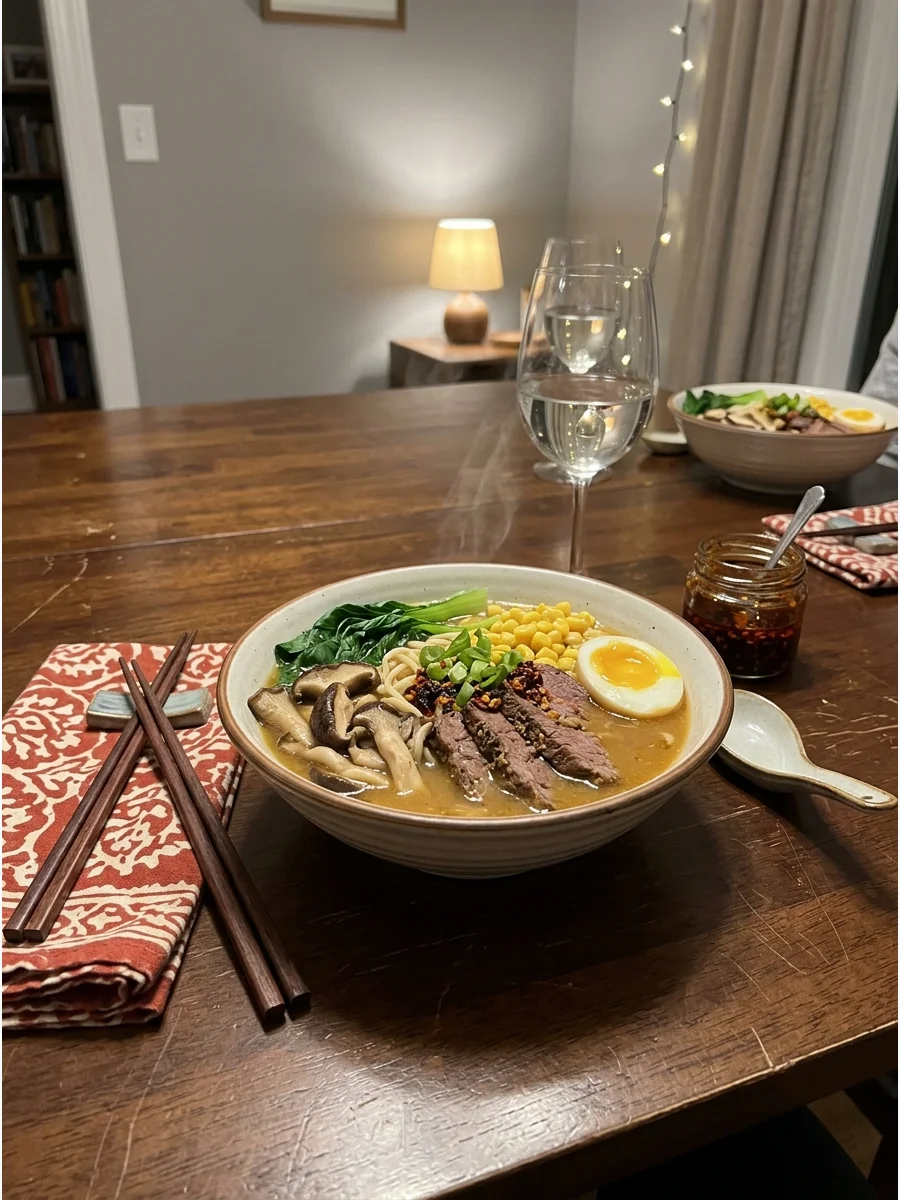 Beef Miso Ramen. Upgrade ramen noodles with seasoned beef, mushrooms, greens, corn, and soft-boiled eggs. Serve chili oil or extra broth on the side. Arrange the toppings neatly so