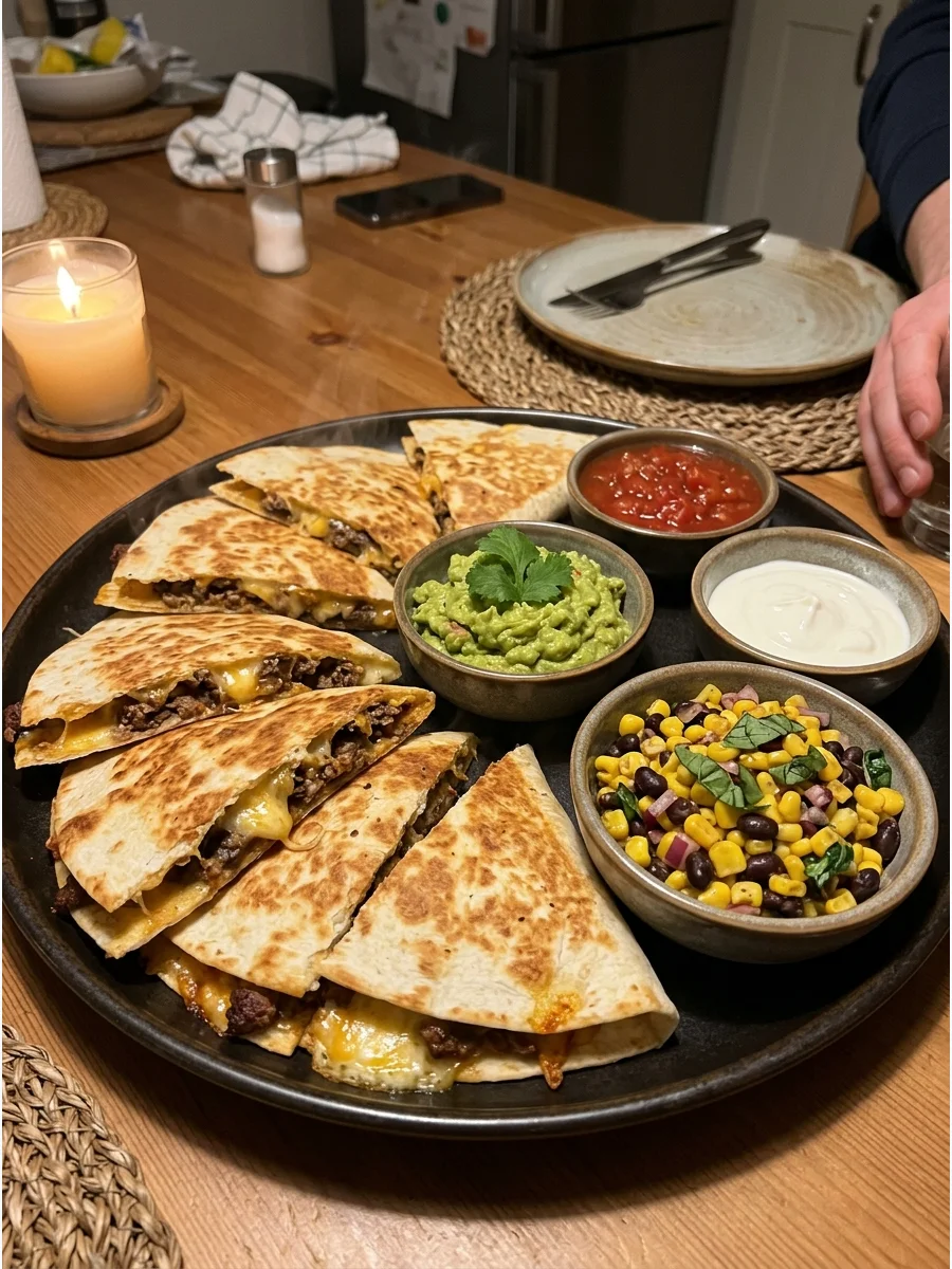 Crispy Beef Quesadillas. Fill tortillas with seasoned beef and plenty of melted cheese. Cook them until the outside is crisp and golden. Serve the quesadillas with guacamole, salsa