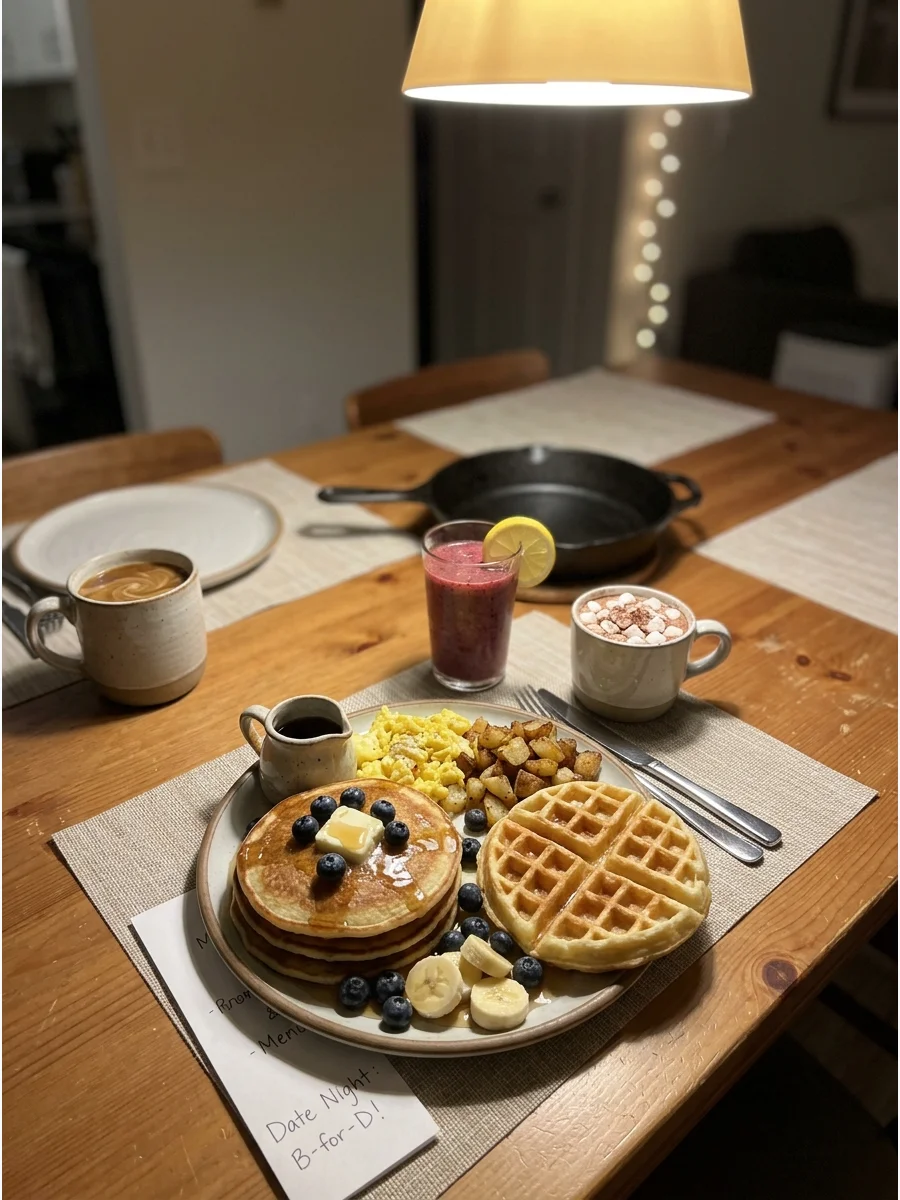 Breakfast-for-Dinner Date Night. Prepare pancakes or waffles with eggs, breakfast potatoes, and fresh fruit. Add coffee, hot chocolate, or a homemade fruit drink. This playful meal