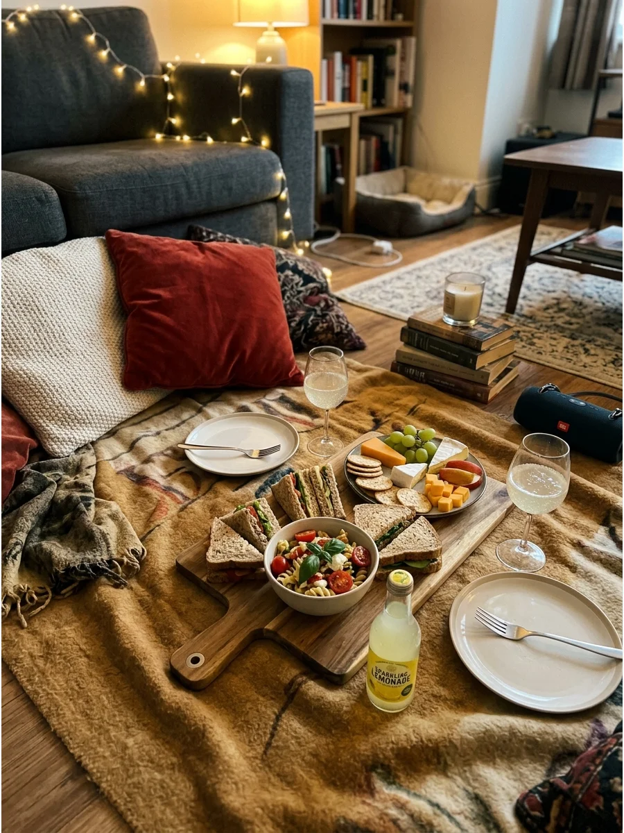 Indoor Picnic Dinner. Place a blanket and cushions on the living room floor. Serve sandwiches, pasta salad, fruit, cheese, crackers, and a sparkling drink. Add soft lighting and a