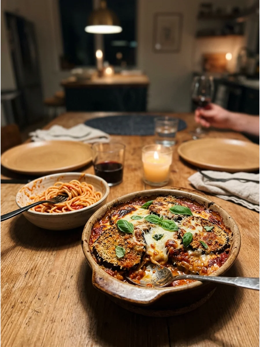 Eggplant Parmesan for Two. Coat eggplant slices in seasoned breadcrumbs and cook them until crisp. Layer them with marinara, mozzarella, and Parmesan before baking. Serve the eggpl
