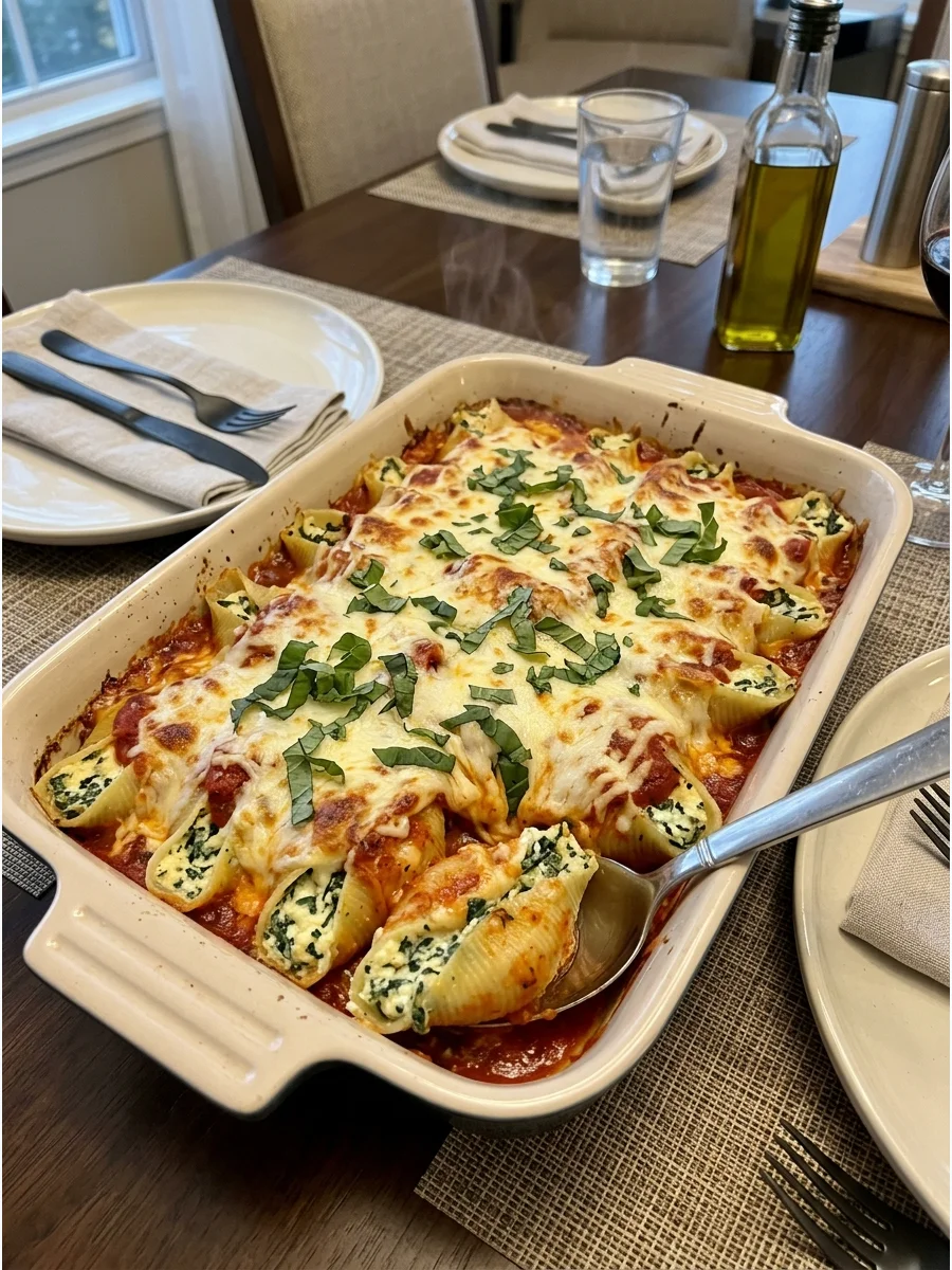 Spinach and Ricotta Stuffed Shells. Fill jumbo pasta shells with ricotta, spinach, herbs, and Parmesan. Arrange them in marinara sauce and cover them with mozzarella. Bake until th