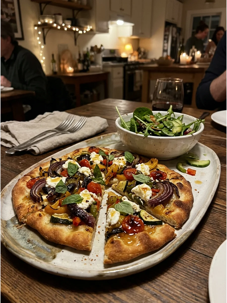 Roasted Vegetable and Goat Cheese Flatbread. Top flatbread with roasted vegetables, goat cheese, herbs, and a light drizzle of hot honey. Bake until the crust is crisp and the chee