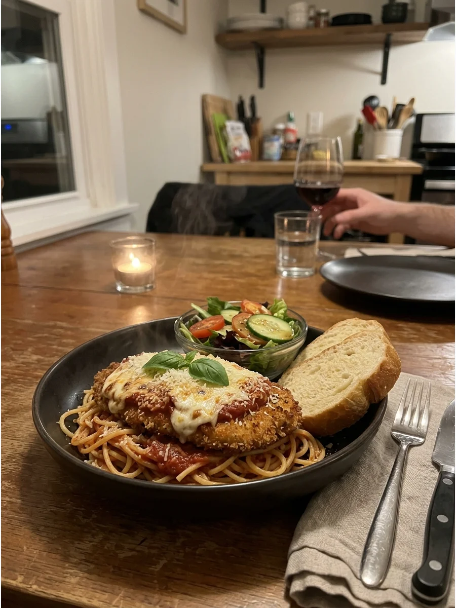 Chicken Parmesan With Spaghetti. Coat chicken cutlets in seasoned breadcrumbs and cook them until crisp and golden. Top them with marinara sauce, mozzarella, and Parmesan before ba