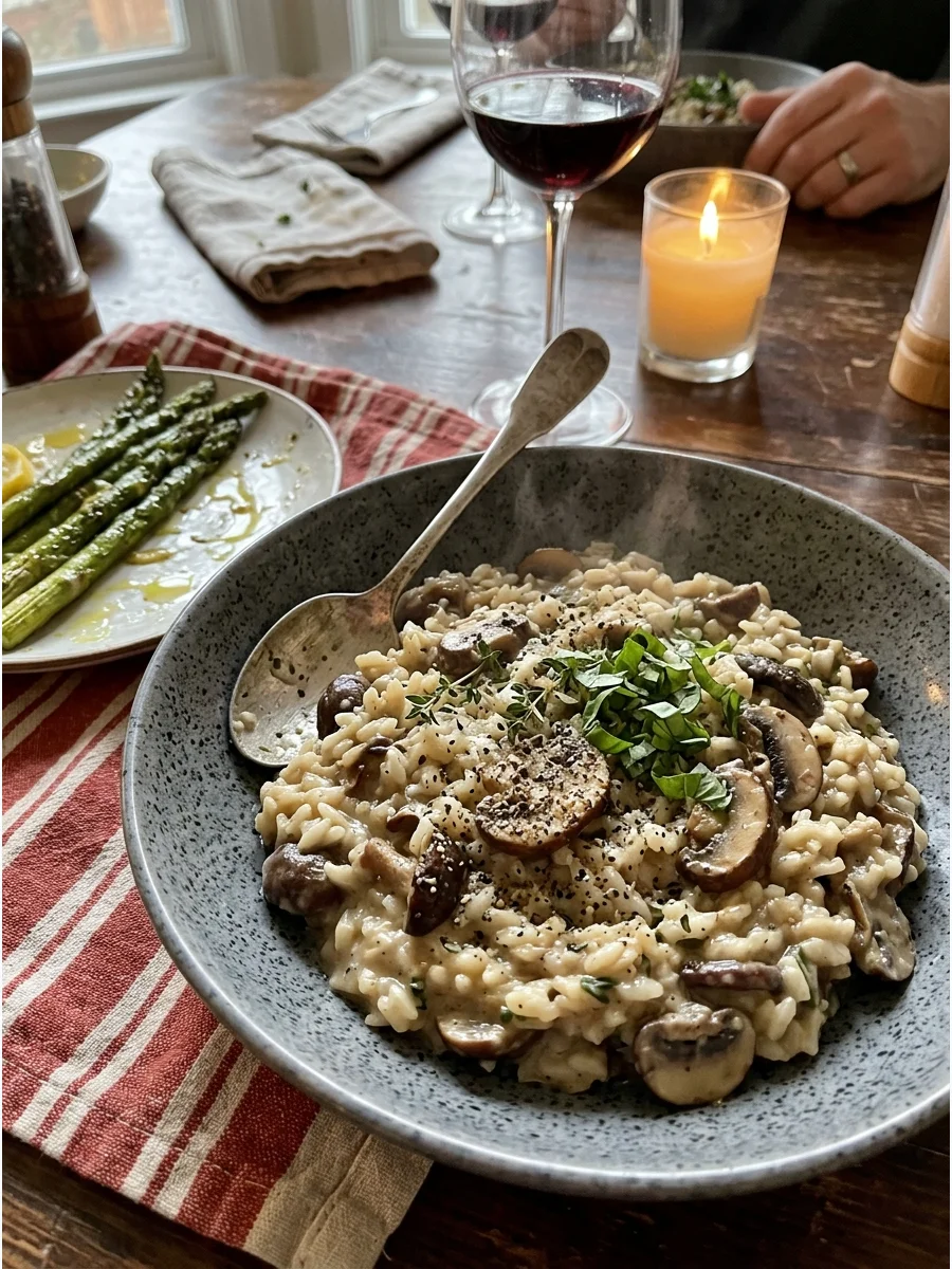 Creamy Mushroom Risotto. Cook Arborio rice slowly with broth, mushrooms, garlic, butter, and Parmesan. Stir regularly until the rice becomes creamy while remaining slightly firm. F
