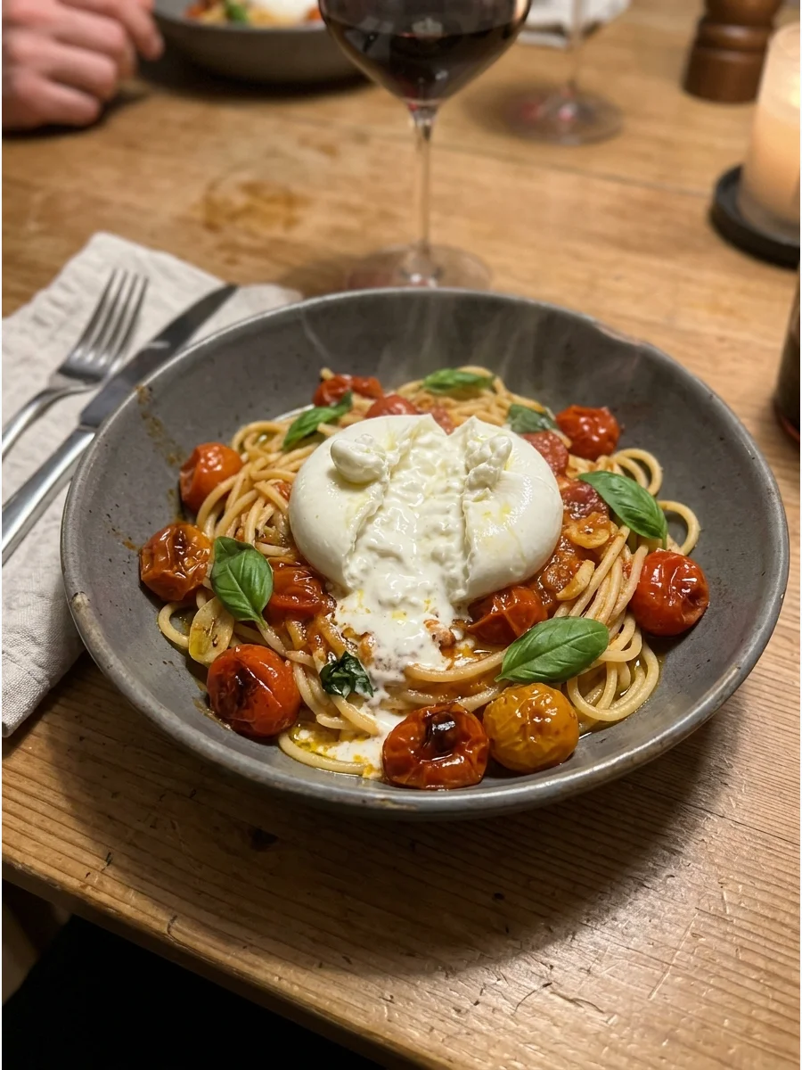 Tomato and Burrata Pasta. Toss pasta with roasted cherry tomatoes, garlic, basil, olive oil, and a little pasta water. Place a ball of creamy burrata on top just before bringing th