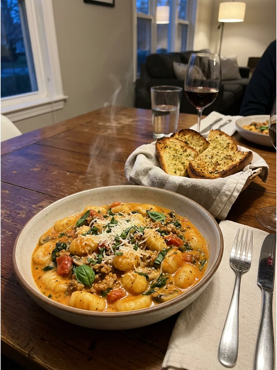 Creamy Tomato Gnocchi. Cook soft potato gnocchi in a creamy tomato and Parmesan sauce. Add spinach, mushrooms, Italian sausage, or roasted vegetables depending on what you both enj
